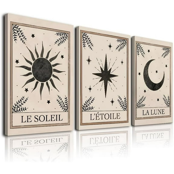 Tarot Wall Art Prints Set of 3, Framed Boho Celestial Decor Sun Moon Star Tarot Astrology decor Canvas Pictures, Vintage Celestial Art Poster Aesthetic Tarot Card Wall Art for Bedroom Decor, Beige