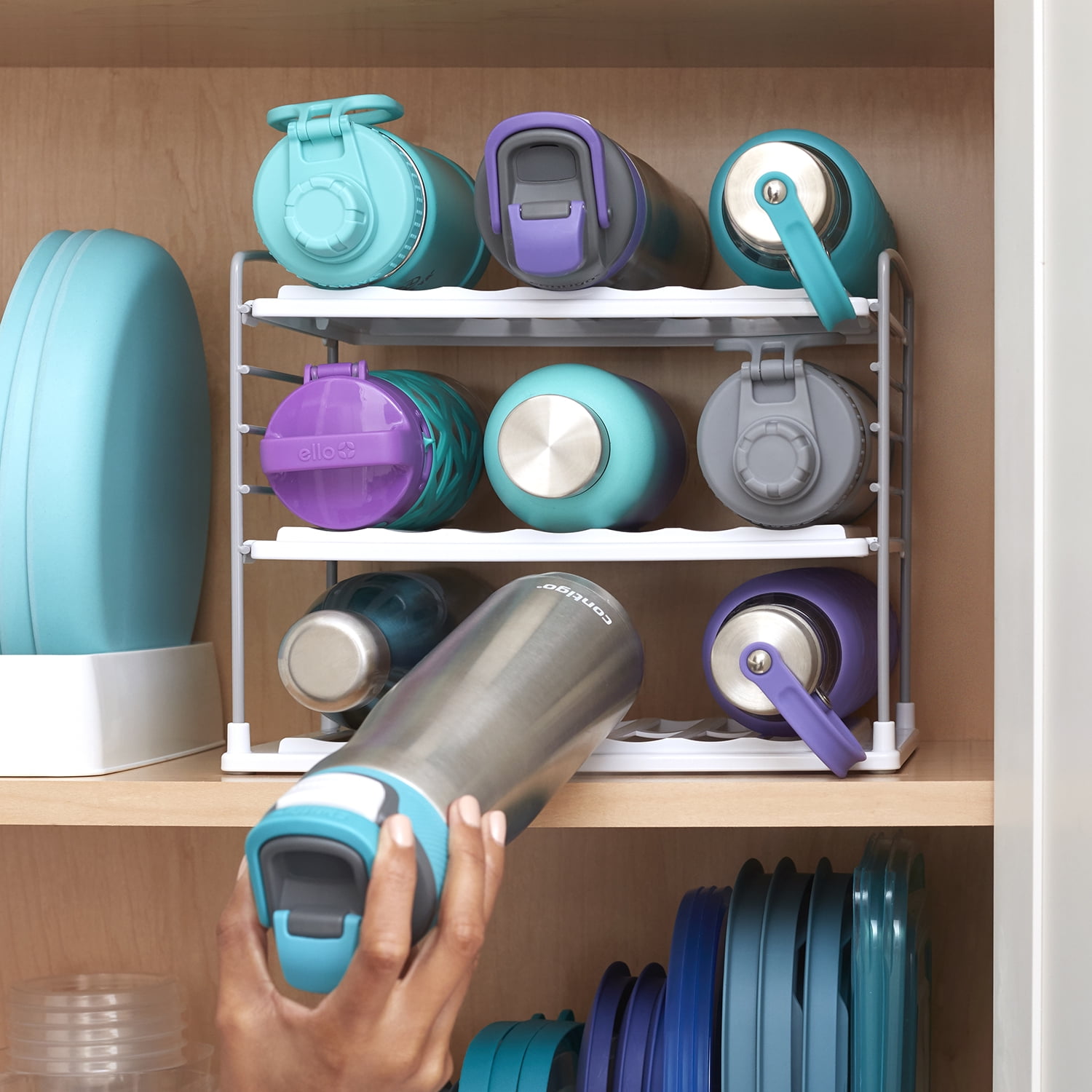 YouCopia UpSpace Water Bottle and Travel Mug Cabinet Organizer, Adjustable  Storage Rack for Kitchen Organization, 3-Shelf Wide