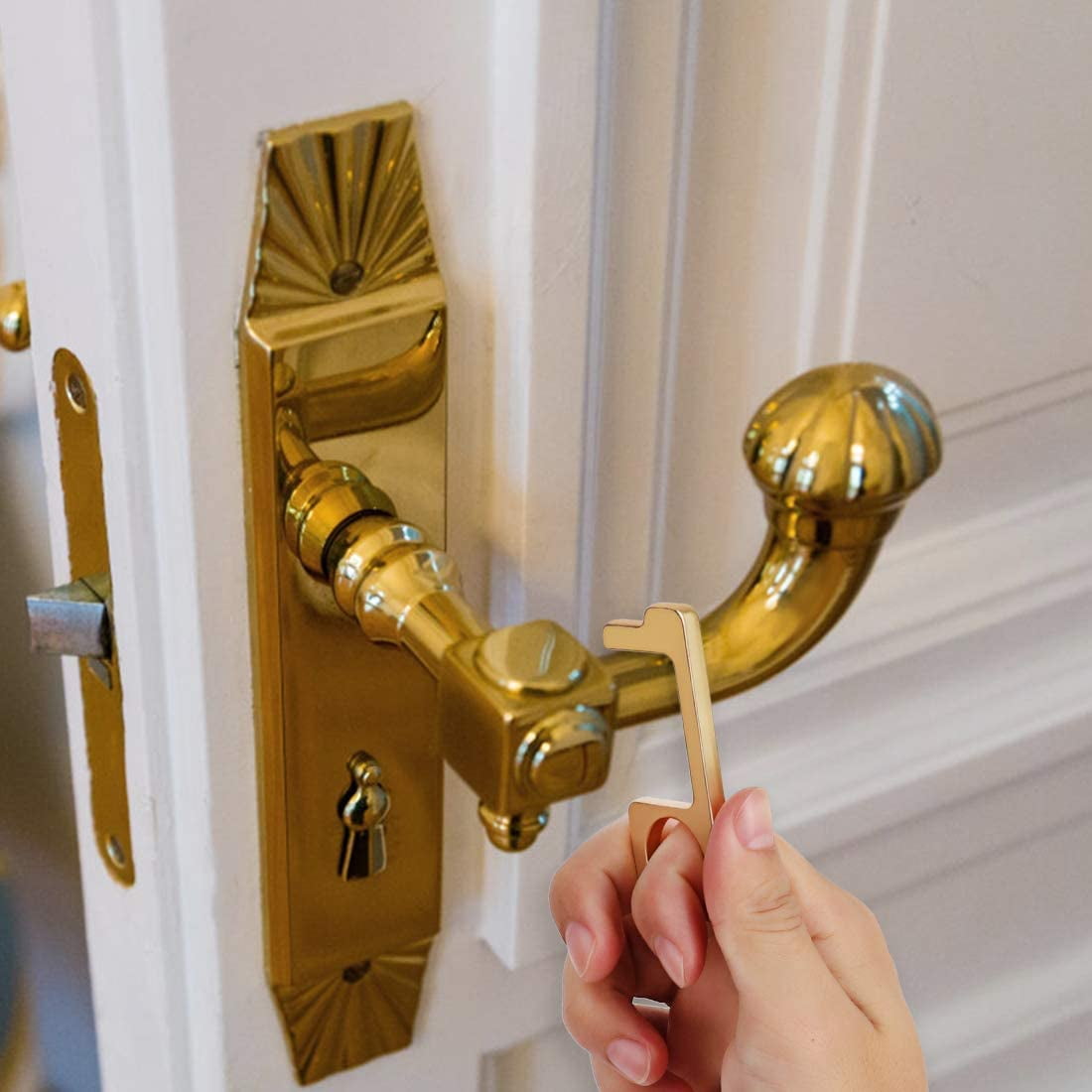 2Pack Keychain Door Opener Tool Hygiene Hand Brass EDC Tool Elevator Door Key Stylus Keychain Tool Non-Contact Door Opener
