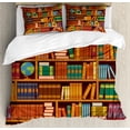 thumbnail image 1 of Library Duvet Cover Set Queen Size, Education Themed Pattern of Bookshelves with Academic Books Globe and Big Seashell, 3 Piece Bedding Set with 2 Pillow Shams, Multicolor, by Ambesonne, 1 of 3