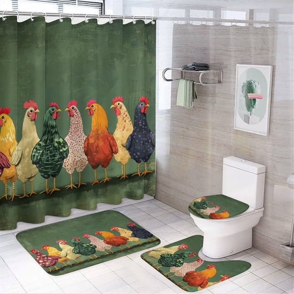 Shower Curtain Sets 4 Piece Mothers Day Chicken Shower Curtain Set with Curtain Rug Toilet Cover And U Shaped Mat Farm Animal Bathroom Decor Set for Bathtub Decor 72inch X 72inch