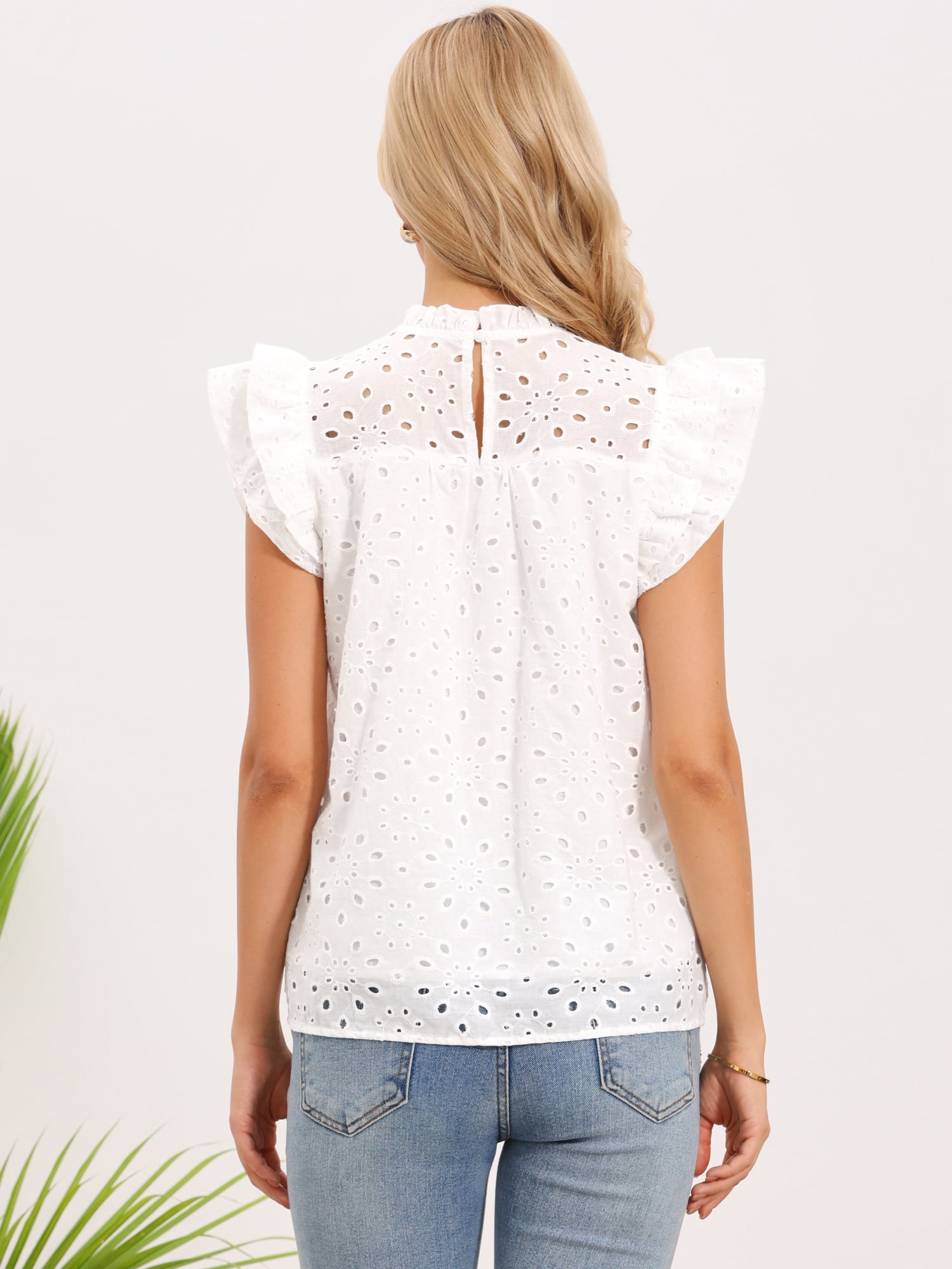 DARING DIVA Women's Summer Eyelet Tops Casual Cap Sleeve Ruffle Cotton Blouse M White
