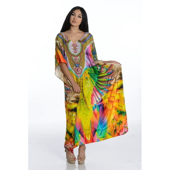 KaftanBuzz Robes Caftan pour Femmes Grande Taille, Caftan Marocain Robe Maxi Mexicaine, Crêpe, 55 Pouces