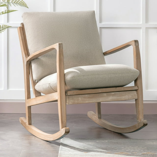 Solid Wood Rocking Chair, Linen Fabric Upholstered Comfy Accent Chair for Porch, Garden Patio, Balcony, Living Room and Bedroom, Beige