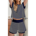 thumbnail image 4 of Women Summer 2 Piece Sets Striped Short Sleeve T Shirts and Shorts Matching Set Navy Blue M, 4 of 6