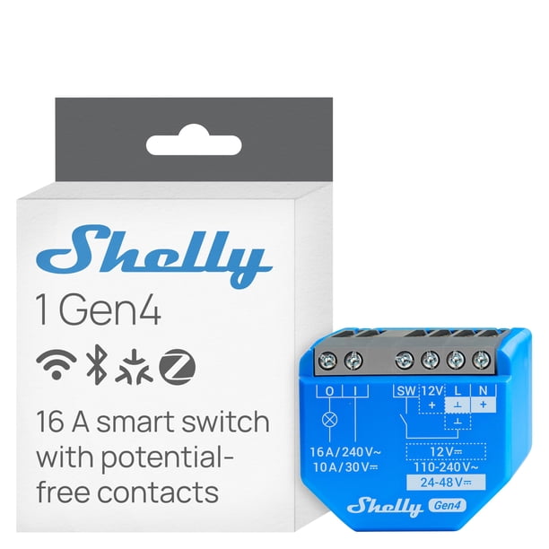 Shelly 1 Gen4 – Interruptor Inteligente 16A, Matter, Zigbee y Wi-Fi, Contactos Secos, Automatización Puertas de Garaje, Control Remoto, Compatible Alexa, Google Home, SmartThings