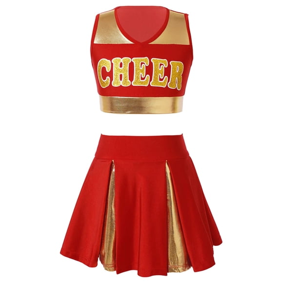YiZYiF Kids Girls Sleeveless Cheer Leader Costume Team Uniform School Cheerleading Dance Fancy Dress up Red Cheer 10