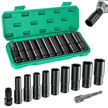 Professional Impact Wrench Nuts Set, Deep Impact Socket Set 1/2 Inch, 11Pcs Metric Sizes from 10mm to 24mm, 6 Point Design, High-Quality Steel for Various Tools, Easy to Carry and