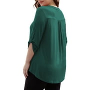 VERABENDI Women's Plus Size Tops 3/4 Sleeve Shirts Dressy Casual Metal Buckle V-Neck Tunic Blouses,M-4XL