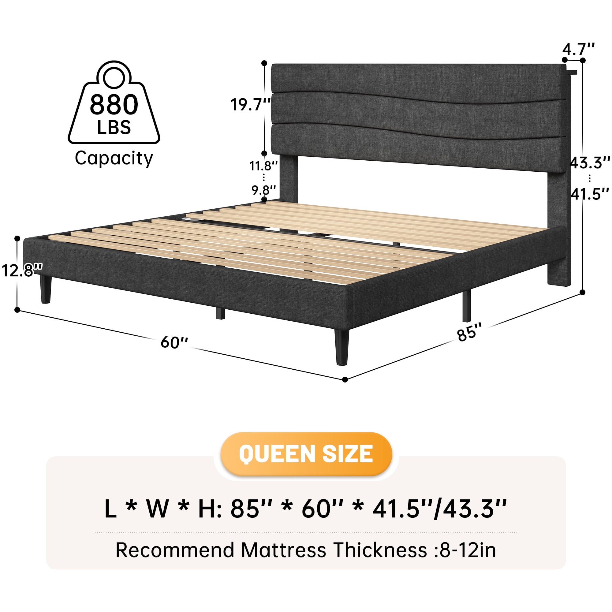 EnHomee Queen Size Bed Frame with Headboard Upholstered Bed Frame Queen with Storage Queen Size Bed Frame with Charge Station Gray, No Box Spring Needed, Noise Free