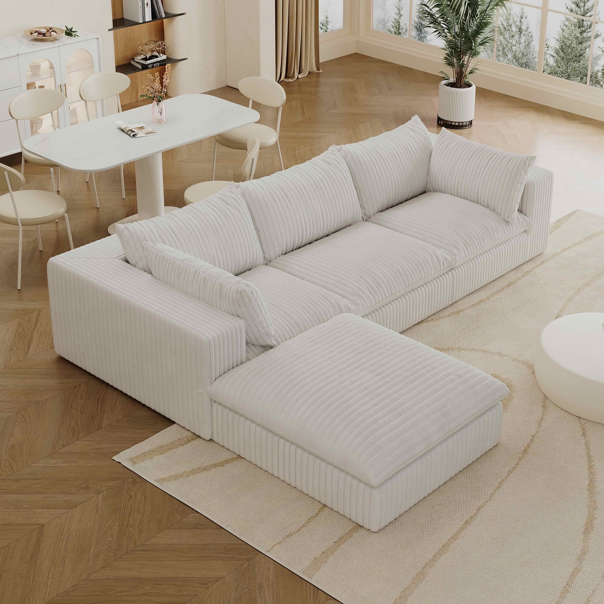 MAYEERTY 118.2" Cloud Corduroy Sofa, Deep Seat Double-Layer Design, Removable Cushion No Assembly, DIY Combination, White