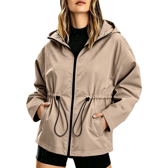 Perfectbot Womens Drawstring Waist Windbreaker Jacket Waterproof Lightweight for Hiking Camping