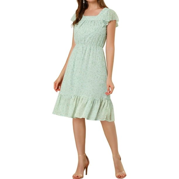 Vestido Midi de Invitada de Boda Floral con Cuello Cuadrado y Mangas de Volante para Mujeres INSPIRE CHIC en Verde Menta Talla L