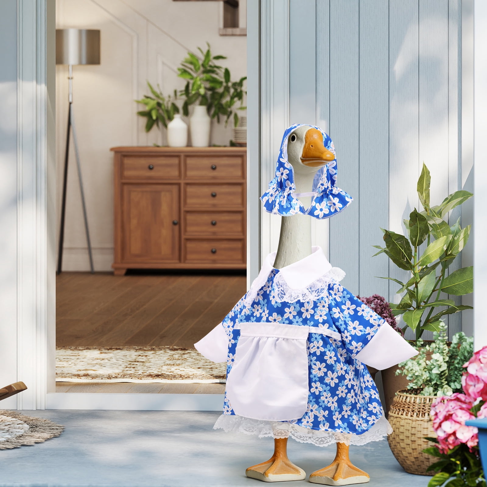 Qenwkxz Porch Goose Outfit for 23''h Cement Statue Goose Skirt Costume for Valentines Outdoor Yard Lawn Patio Decor (Blue)