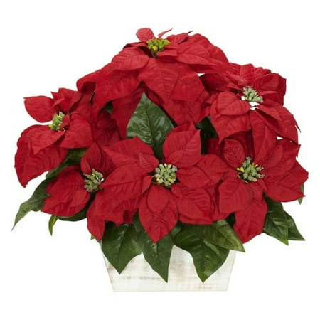 Poinsettia with White Wash Planter Silk Arrangement - Nearly Natural