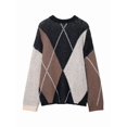 thumbnail image 4 of Women Color Block Argyle Plaid Oversized Chunky Knit Crewneck Sweaters Black S, 4 of 9