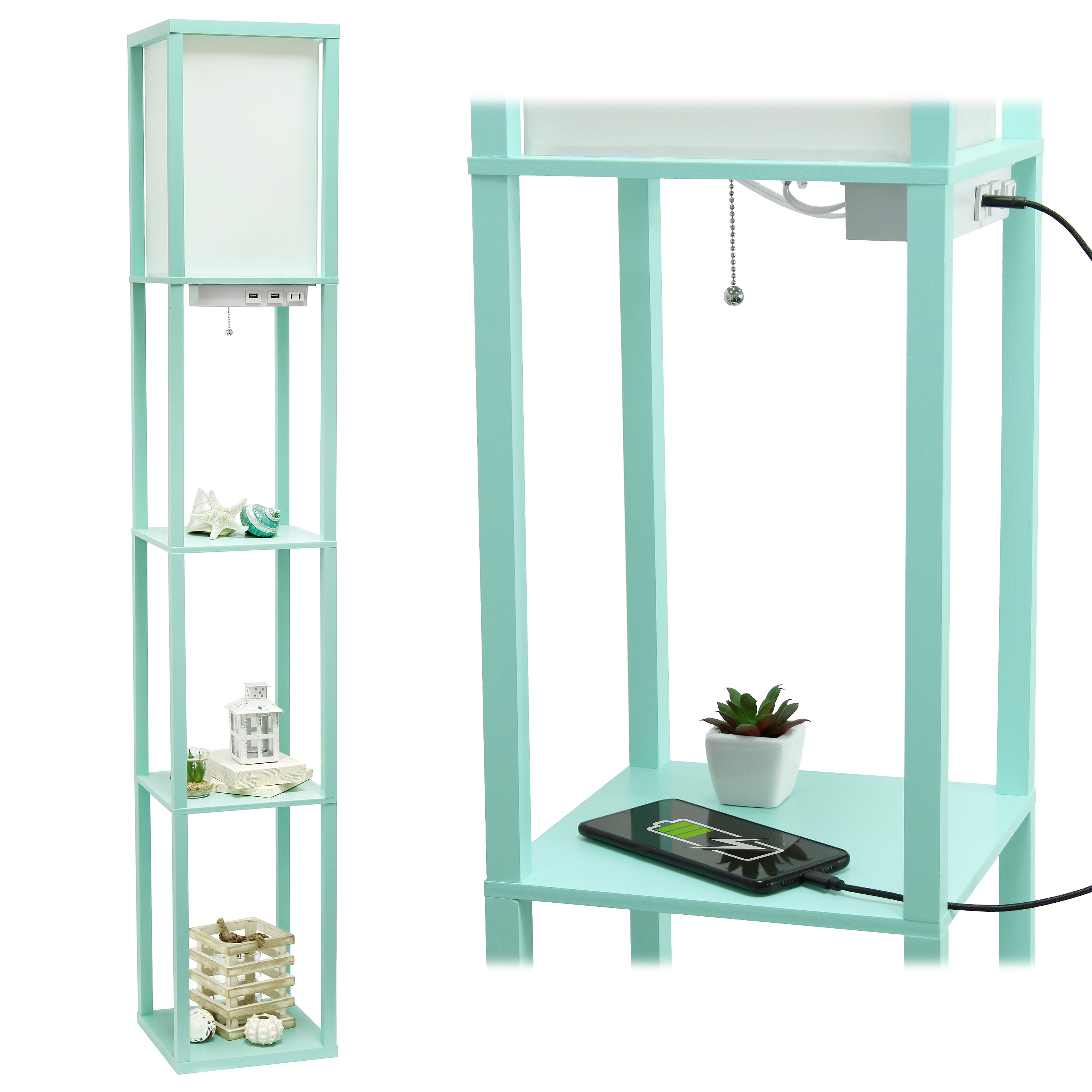 Simple Designs 62.5" 3-Shelf Etagere Floor Lamp with USB, Outlet & LED Bulb, Aqua