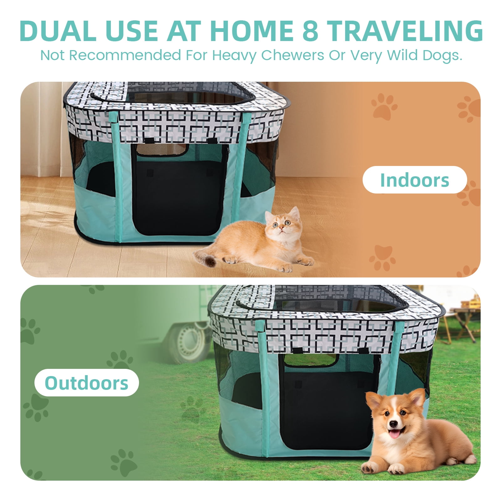 Luxvie Portable Pet Playpen, Foldable Dog Cat Playpens Cat Cage Exercise Kennel Tent, Dog Kennel With Removable Shade Cover, Dog Crate Indoor Outdoor Travel Camping Use, Green