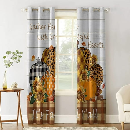 Curtains 39 Inch Length For Living Room Bedroom Blackout Darkening Thanksgiving Harvest Pumpkin Sunflower Wood Grain Window Curtain Thermal Insulated With Grommet Ds 2 Panels Canada Window Curtain Thermal Insulated, Wood Grain Window Curtains