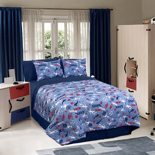 Fancy Linen Collection 8pc Full Size Soccer Blue Green White Black Comforter Set With Furry Buddy Included New