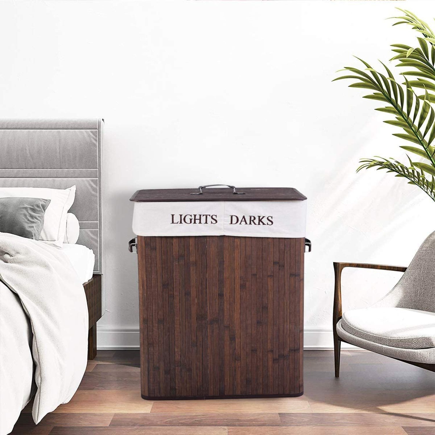 HetayC Laundry Hamper Folding Double Rectangle Bamboo Hamper with Cloth