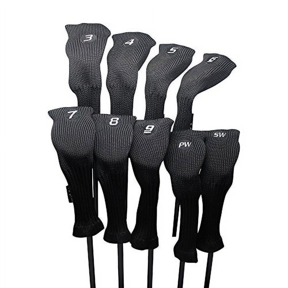 Majek All Hybrid Golf Club Black Headcover Set 3-SW. Neoprene Acrylic Head Covers 3 4 5 6 7 8 9 PW SW