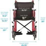 Red Lightweight Transport Chair With 12 Rear Wheels, Hand Breaks, Removeable Arms - 19 Seat Width