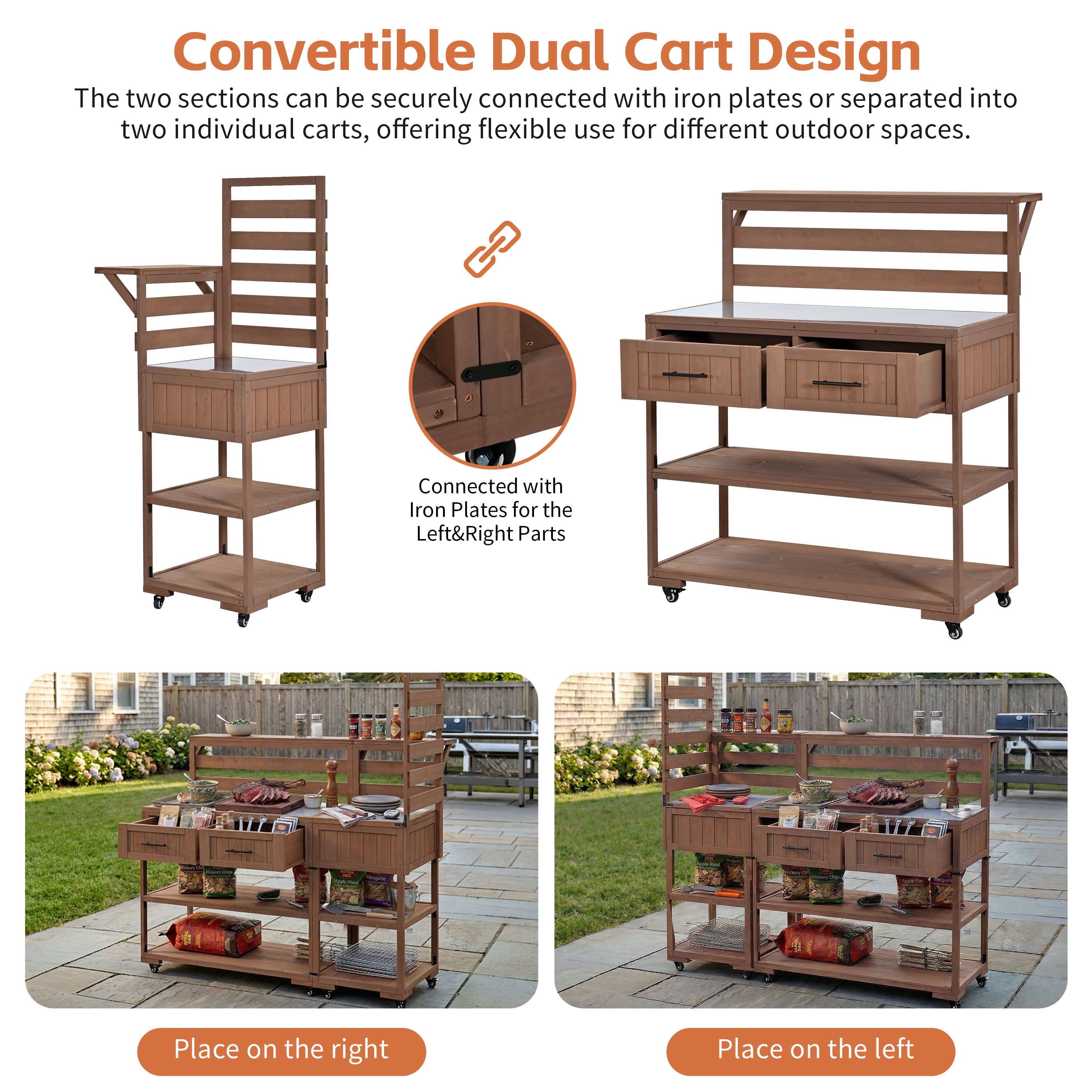 BBQ Dining Kitchen Island, 62.3 Inch Solid Wood Outdoor Cart with Stainless Top for Party, Brown