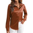 thumbnail image 2 of Blusas de Satén para Mujer, Camisas de Seda con Botones, Blusas Informales de Larga para Negocios Marrón Oscuro S, 2 of 7