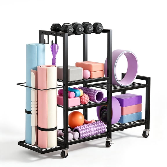 6-Tier Home Gym Storage Rack with Wheels, Dumbbell Weight Rack and Yoga Mat Organizer, Gym Equipment Storage Stand for Home Gym Accessories