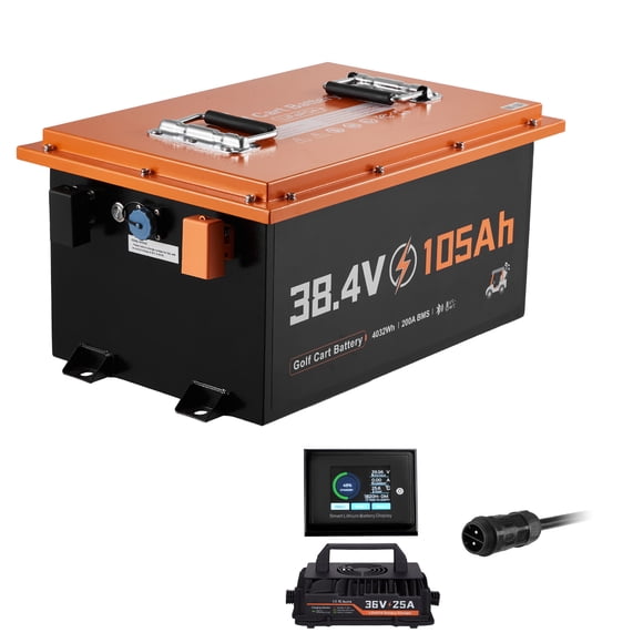 KFFKFF 36V (38.4V) 105AH Lithium Golf Cart Battery, with 25A Charger, Lifepo4 Battery Kit, Built-in 200A BMS, with Bluetooth & Touch Monitor, 4000 Cycles, Metal Case
