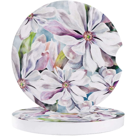 FMSHPON Oil Painting Style White Magnolia Flower Set of 6 Car Coaster for Drinks, Absorbent Ceramic Stone Coasters Cup Mat with Cork Base for Home Kitchen Room Coffee Table Bar Decor