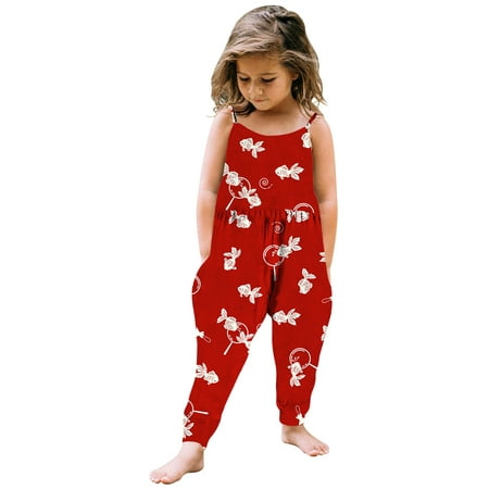 

Toddler Baby Girl Jumpsuit One Piece Sleeveless Printing Strap Romper Harem Pant with Pockets Summer