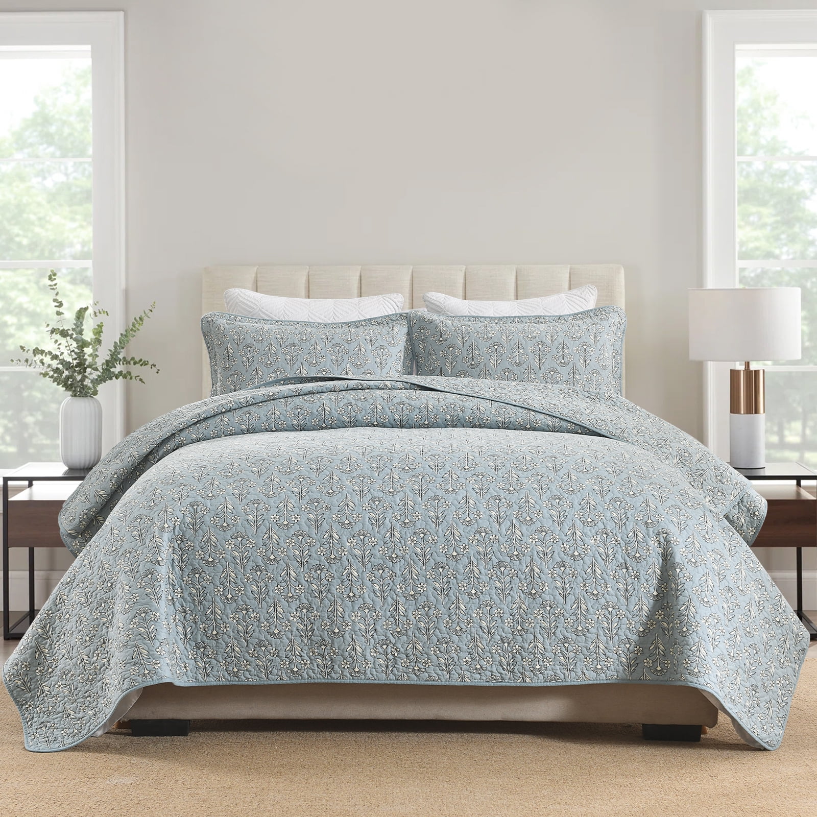 Bedduvit Dusty Blue Floral Quilt, 100% Organic Cotton Queen Size Quilt Set, Lightweight Quilted Bedspread for Queen Bed, Elegant Modern All Season 3-Piece Spring Summer Comforter Bedding Set, 98"x90"