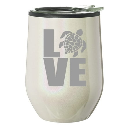 

Stemless Wine Tumbler Coffee Travel Mug Glass With Lid Gift LOVE Sea Turtle (Pearl Glitter)