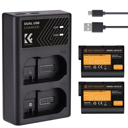 K&F CONCEPT 2100mAh EN-EL15 EN-EL15C Camera Battery and Dual Slot Charger for Nikon ZR Z8 Battery Compatible with Nikon Z8 Zf Z7 Z7ii Z6 Z6ii D7500 D750 D850 D780 1V1