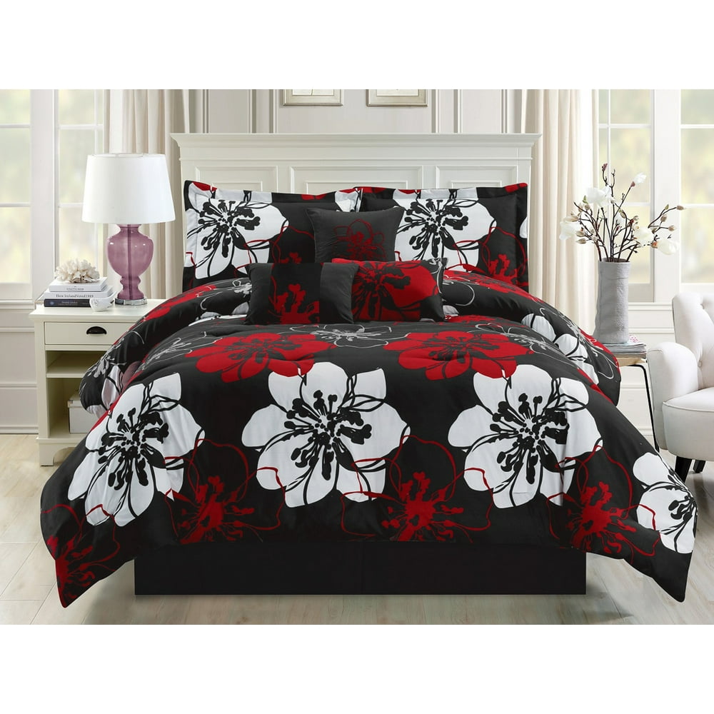 7Pc Roslin Modern Flocking Floral Blossom Embroidery Comforter Set King Red Black White