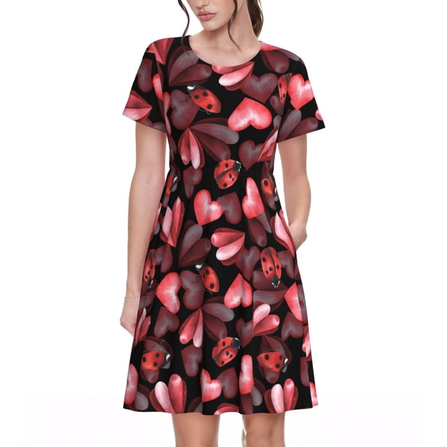 Easygdp Ladybugs and Red Hearts para Vestido Transpirable de Mujer, Vestido Suelto de Manga Corta con Pliegues y Bolsillos para el Verano