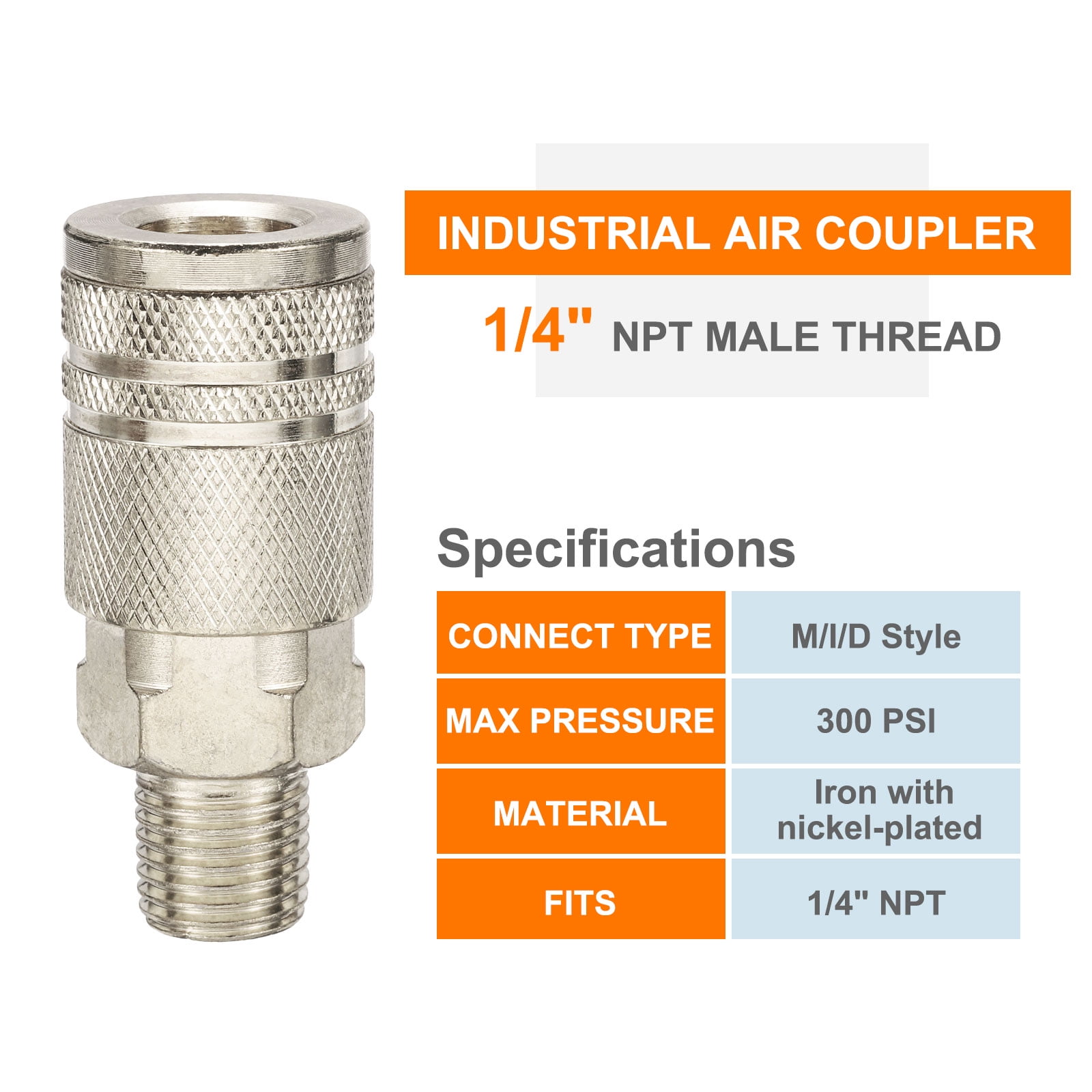 10pcs Male Industrial Coupler 1/4" NPT M Style Air Hose Fittings Quick Connector Air Coupler for Air Compressor, Silver