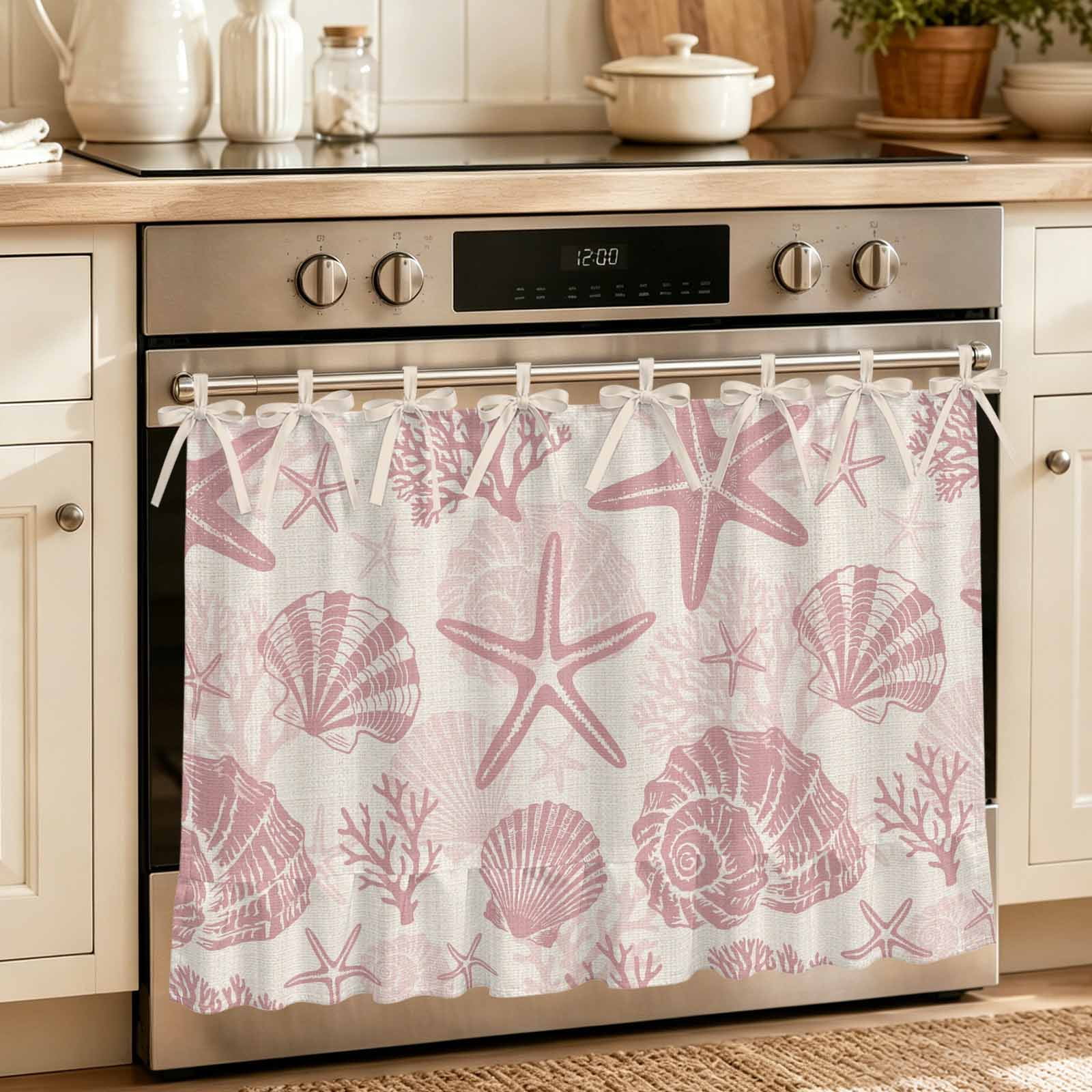 Pink Coastal Summer Oven Skirt for Farmhouse Kitchen D&eacute;cor Coral Shell Starfish Vintage Oven Curtain Tie Top Decorative Stove Skirt Cabinet Dish Washer Curtains with 8 Ribbon Ties 27 x20