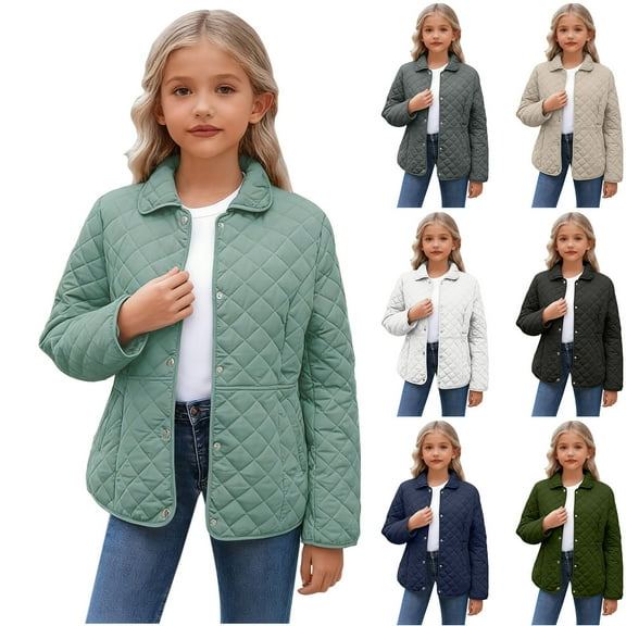 Jinhomg Kids Girls Quilted Barn Jackets Trendy Lapel Neck Bomber Coats Lightweight Button Down Puffer Jacket Winter Outerwear Coats