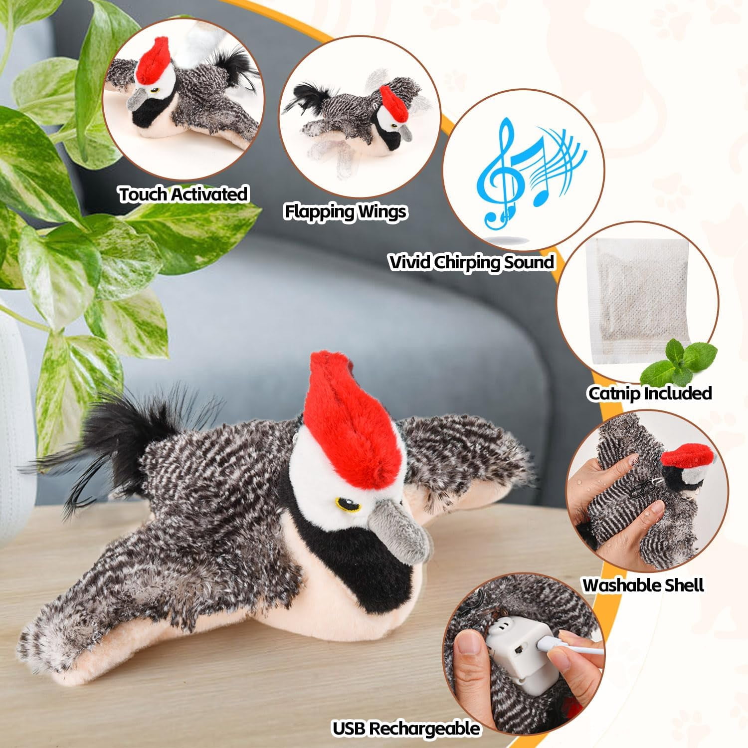 QD-Gotrays Interactive Cat Toys, Rechargeable Chirping Flapping Bird(no Flying) with Catnip for Indoor Cats, Touch Activated, Plush Kitten Exercise Toys (Brown Sparrow)