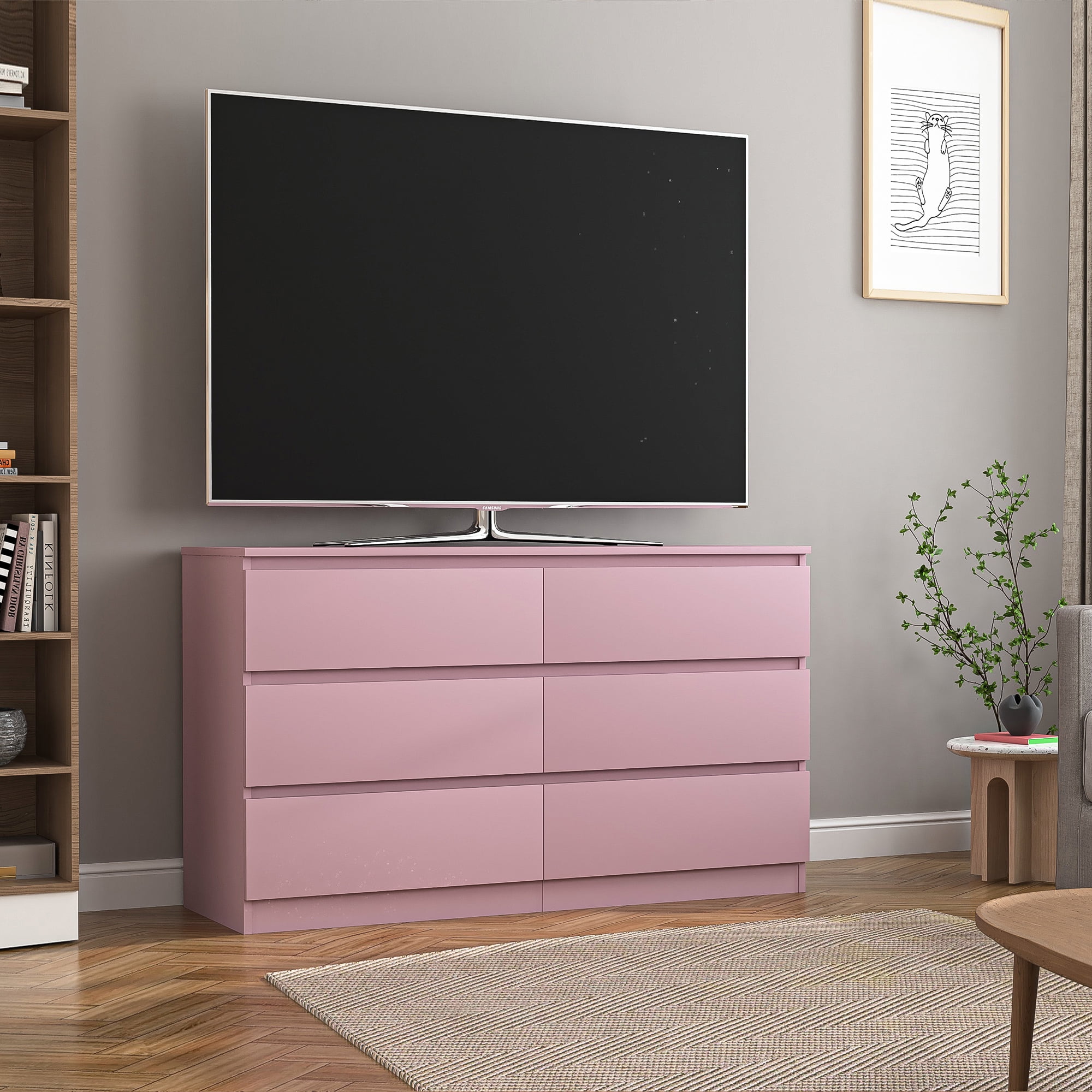 Kadyn Pink Chest of Drawer, 6 Double Drawer Dresser for Bedroom, Modern Storage Cabinet for Living Room, Dresser