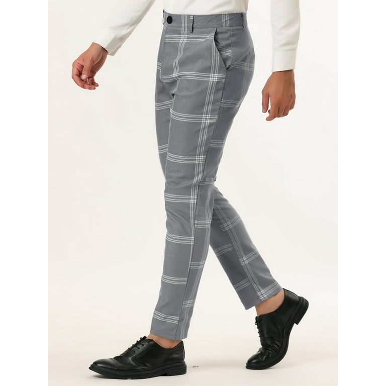 Unique Bargains Men's Plaid Pants Casual Slim Fit Flat Front