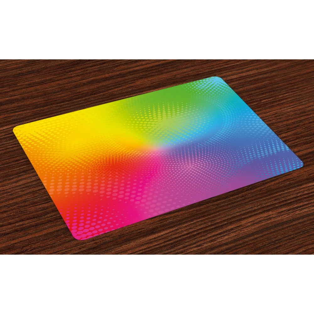 Rainbow Placemats Set of 4 Vibrant Neon Colors Circles Rounds Dots