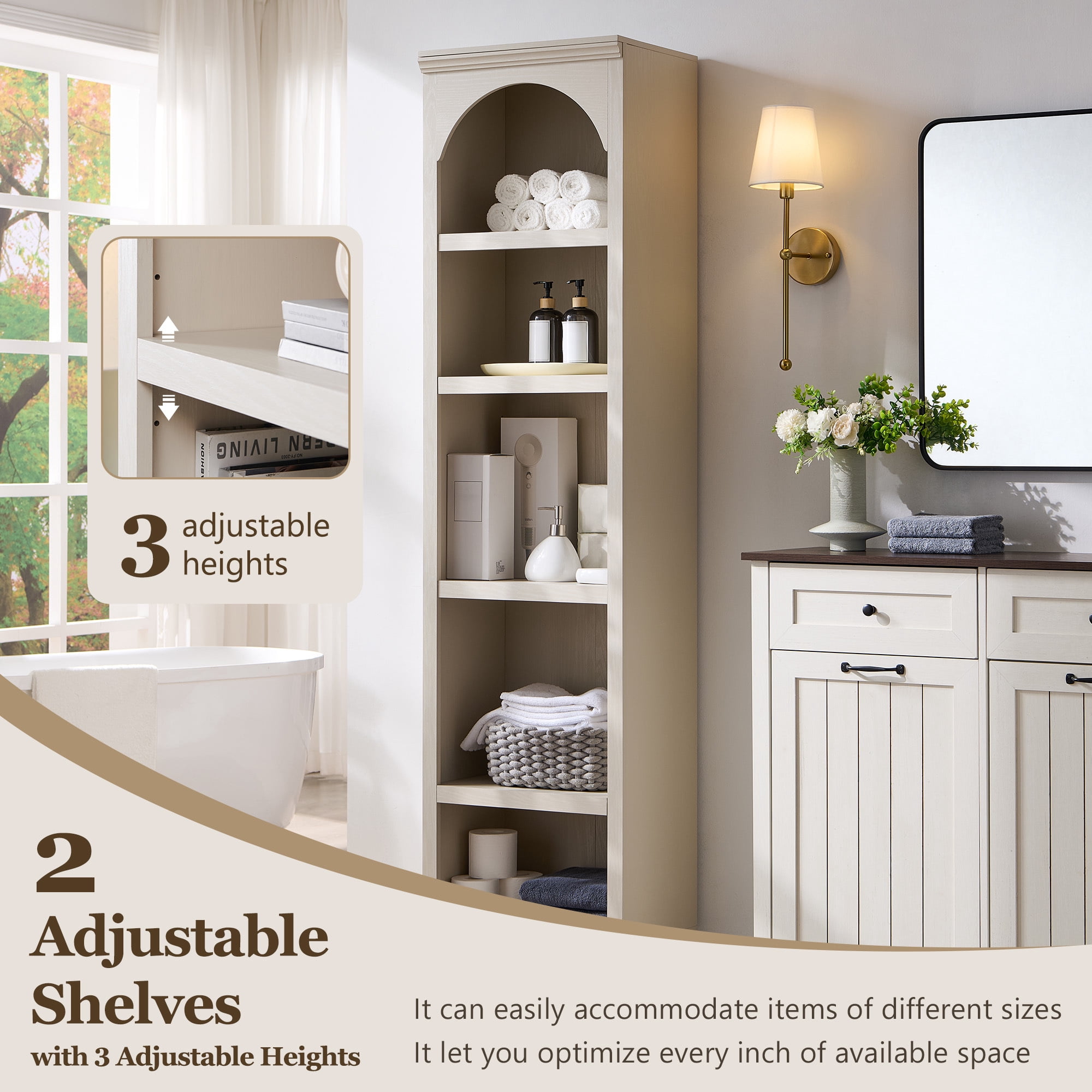 SinCiDo Arched Bathroom Storage Cabinet with Adjustable Shelves, 5-Tier Narrow Bathroom Cabinet for Bathroom, Kitchen, Living Room, Cream