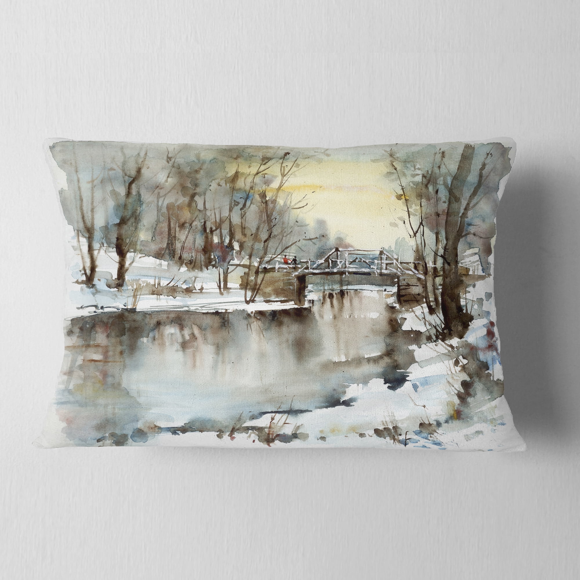 Designart White Bridge Over River - Landscape Printed Throw Pillow - 12x20