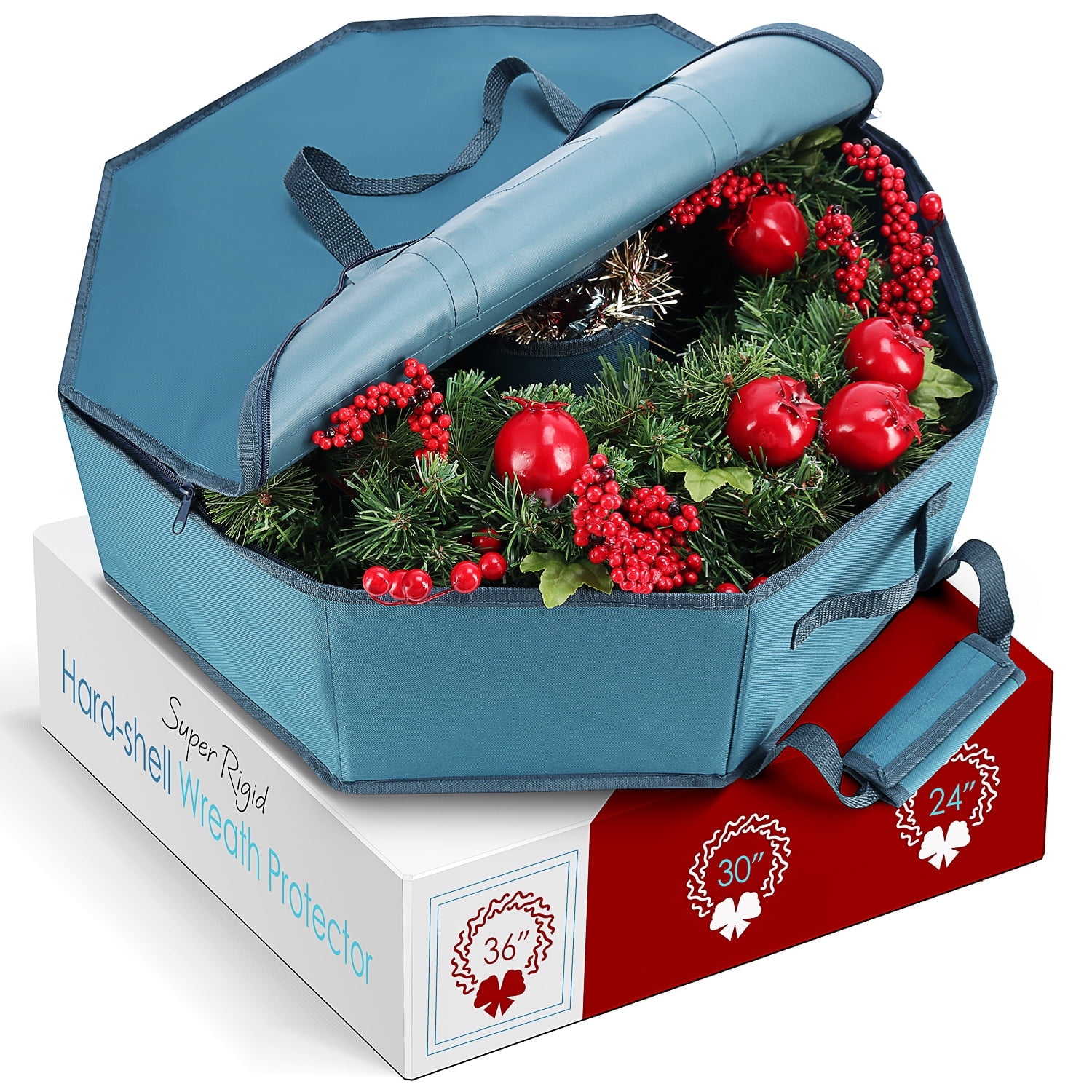 Hearth & Harbor 36 Christmas Wreath Storage Container with Interior Pockets and Dual Zippers Blue