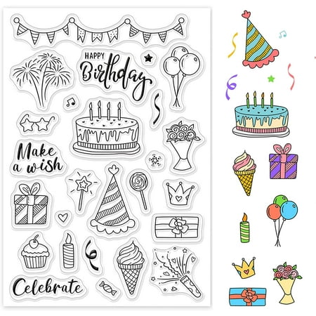 Happy Birthday Clear Stamps Transparent Silicone Stamp Cake Fireworks Flowers s for Card Making Decoration and DIY Scrapbooking white