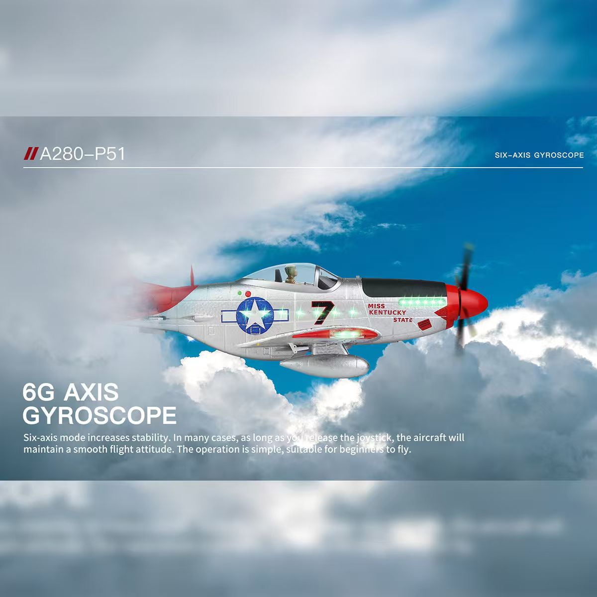 XK A280 P-51 RC Airplane for Adults, 560mm Wingspan 4CH 2.4GHz Brushless Fixed Wing Plane, 3D/6G Gyro Stabilization, EPP Foam Aircraft Model RTF with LED Night Flight & Anti-Loss System